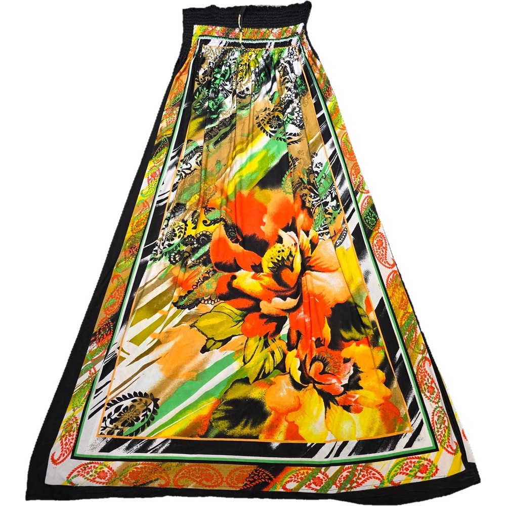 Caren Sport Floral Scarf Maxi Skirt Womens 1X Black Smocked Waist Multicolor
